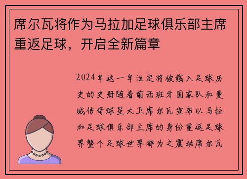 席尔瓦将作为马拉加足球俱乐部主席重返足球，开启全新篇章